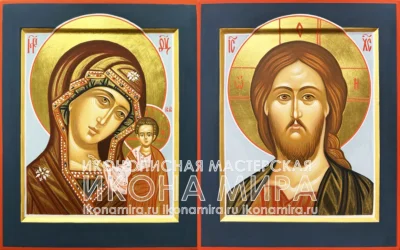 Рукописная венчальная пара Казанская Божия Матерь и Спас Оплечный на синем поле с золочением для Таинства Венчания