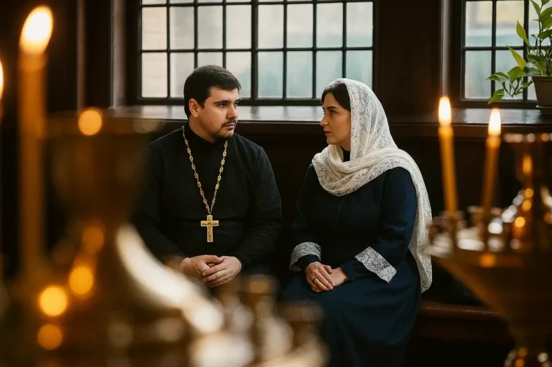 Священник и женщина беседуют в храме — что нужно знать перед Крещением