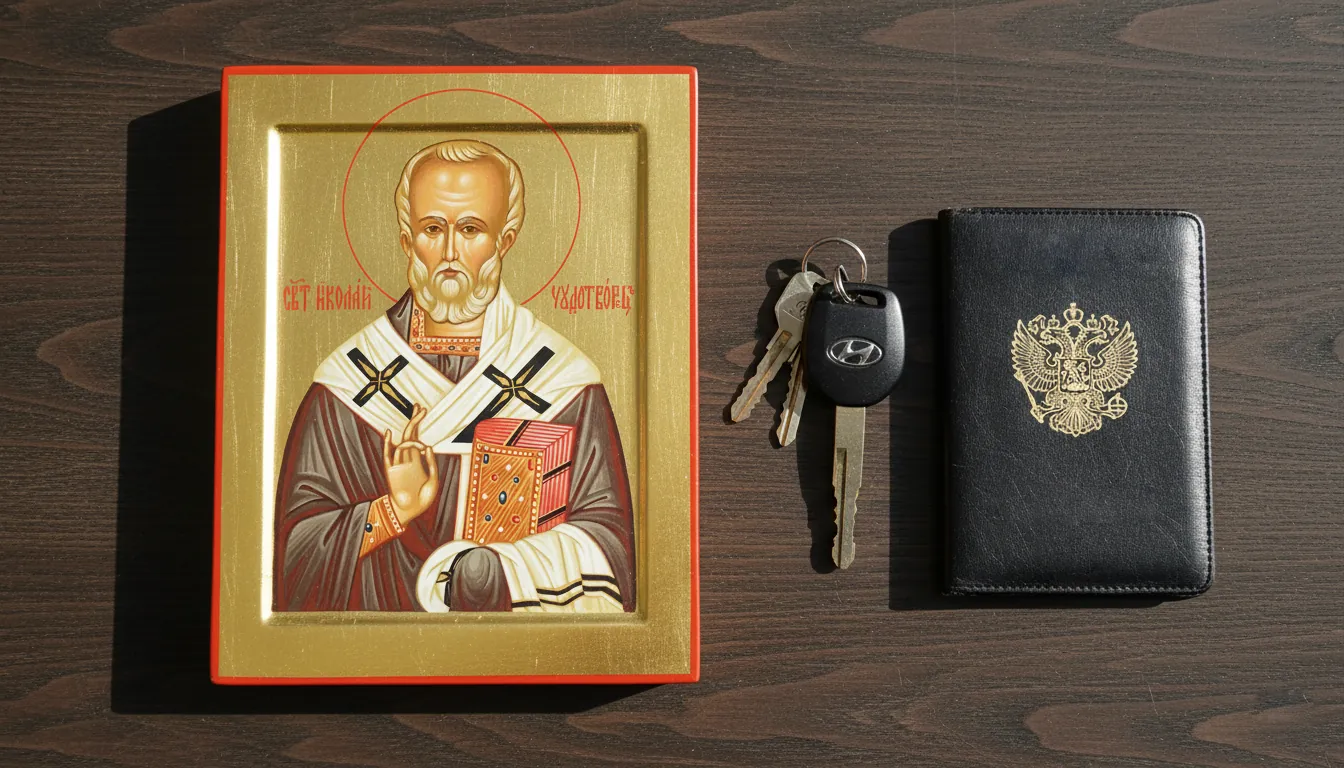рукописная икона Николая Чудотворца для водителя перед дорогой