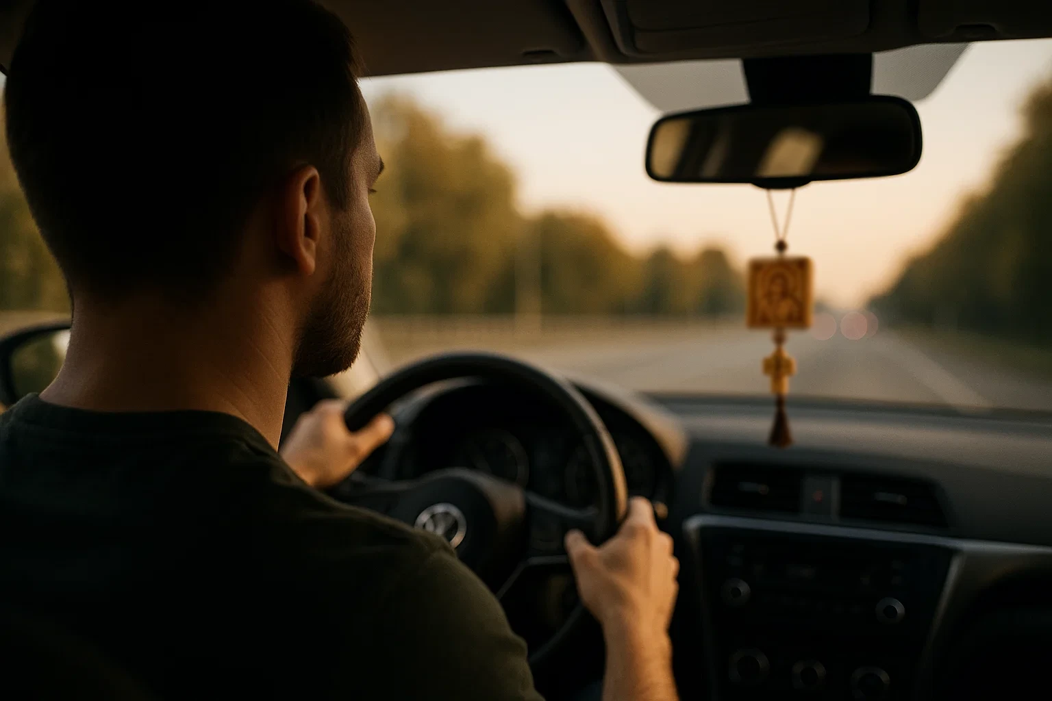 Рукописная православная икона Спасителя в машине — образ, напоминающий водителю о присутствии Бога и спокойствии в дороге.