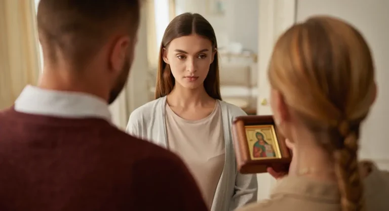 Родители благословляют 25-летнюю дочь православной иконой в домашней обстановке