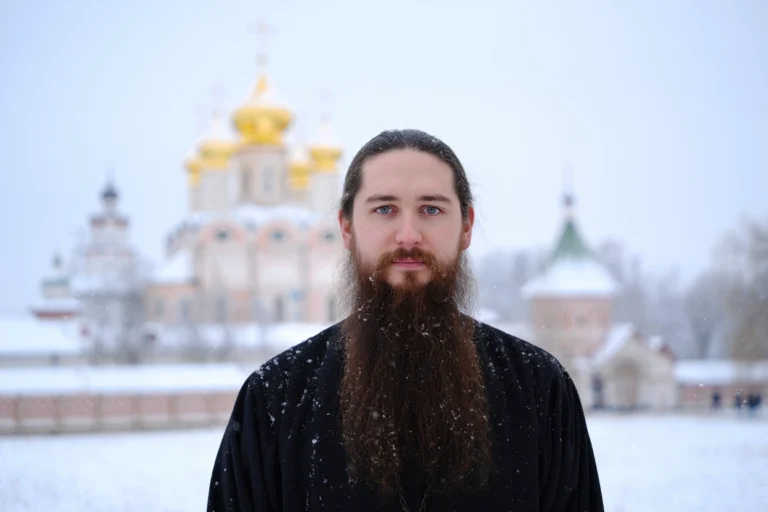 Почему священники носят бороду — православный священнослужитель с длинной бородой на фоне Храма зимой