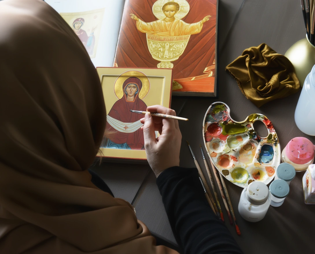 Процесс написания рукописной православной иконы иконописцем