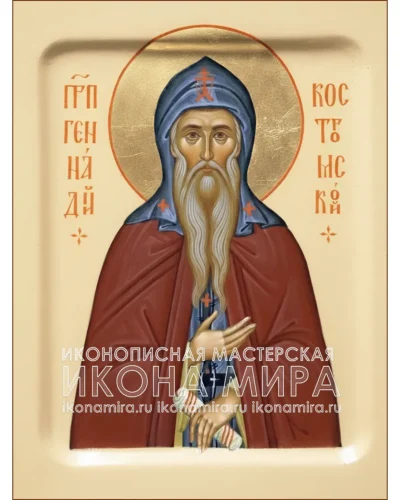 рукописная икона преподобного Геннадия Костромского на липовой доске с золочением