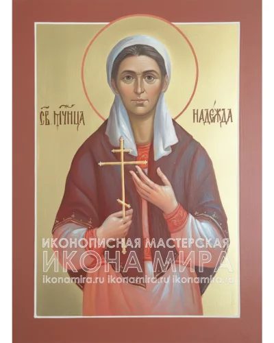 Рукописная икона мученицы Надежды Абакумовой на липовой доске с сусальным золотом