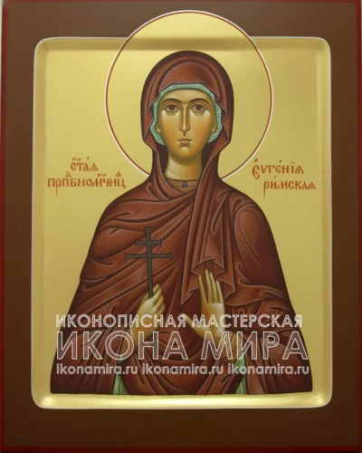 рукописная икона мученицы Евгении Римской на липовой доске с золочением