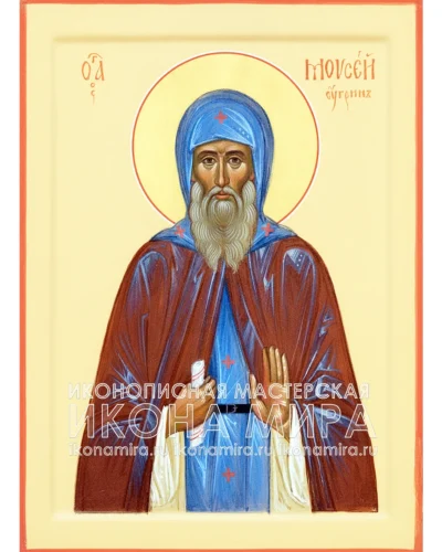 Рукописная икона преподобного Моисея Угрина, написанная вручную на липовой доске с сусальным золотом.