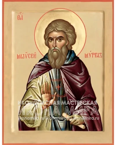 Рукописная икона преподобного Моисея Мурина, православная икона святого, написанная вручную на липовой доске с золочением